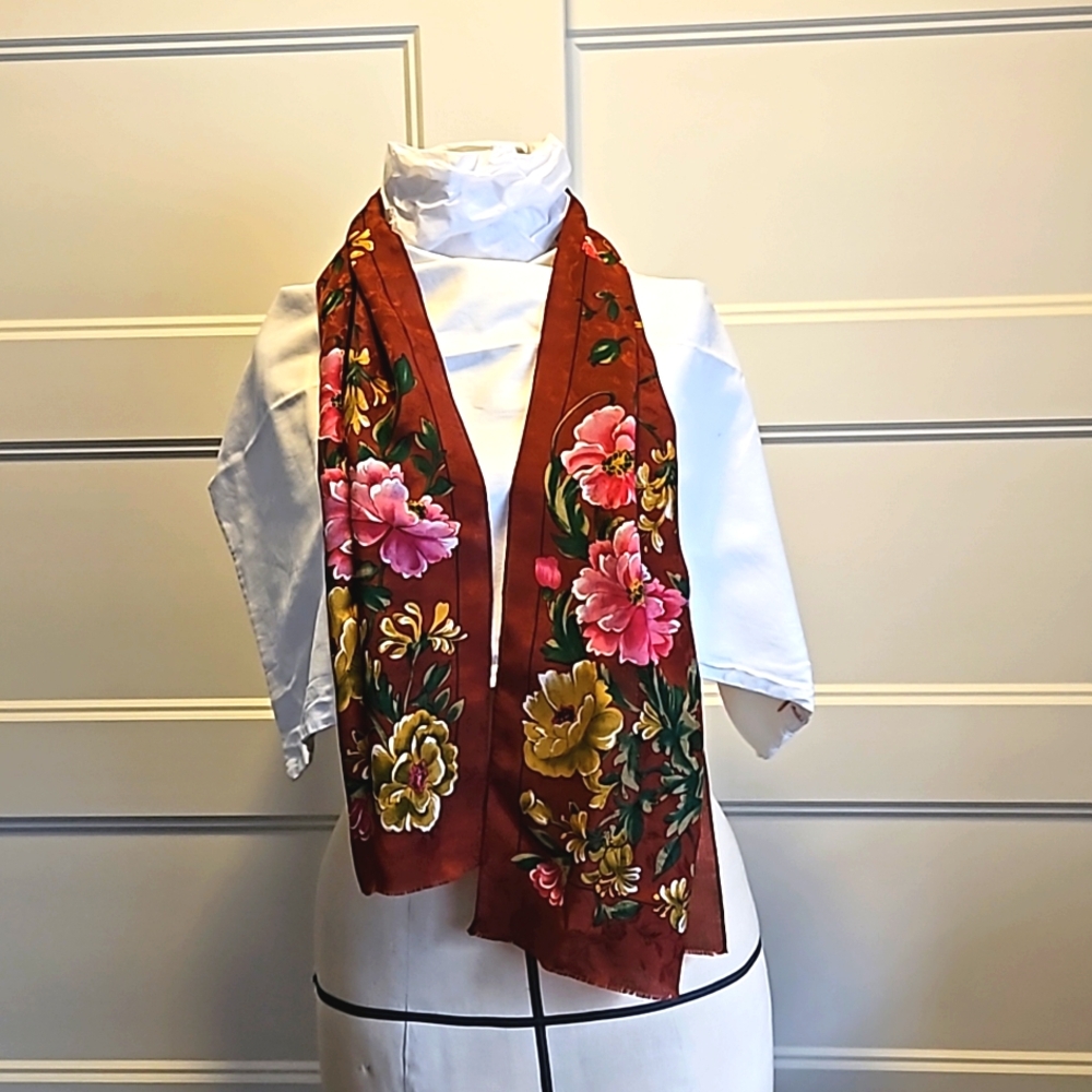 Oscar de la Renta rusty brown silk oblong floral scarf